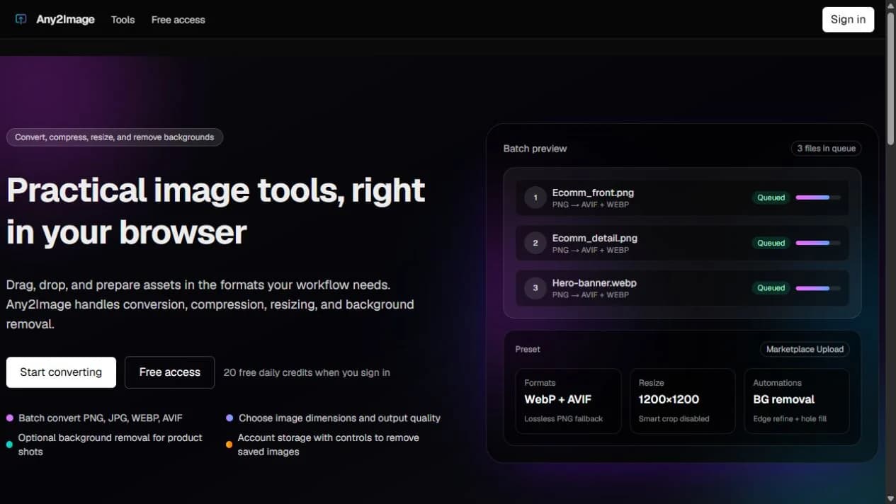 Any2Image homepage describing free image conversion tools, saved account files and a sample batch preview.