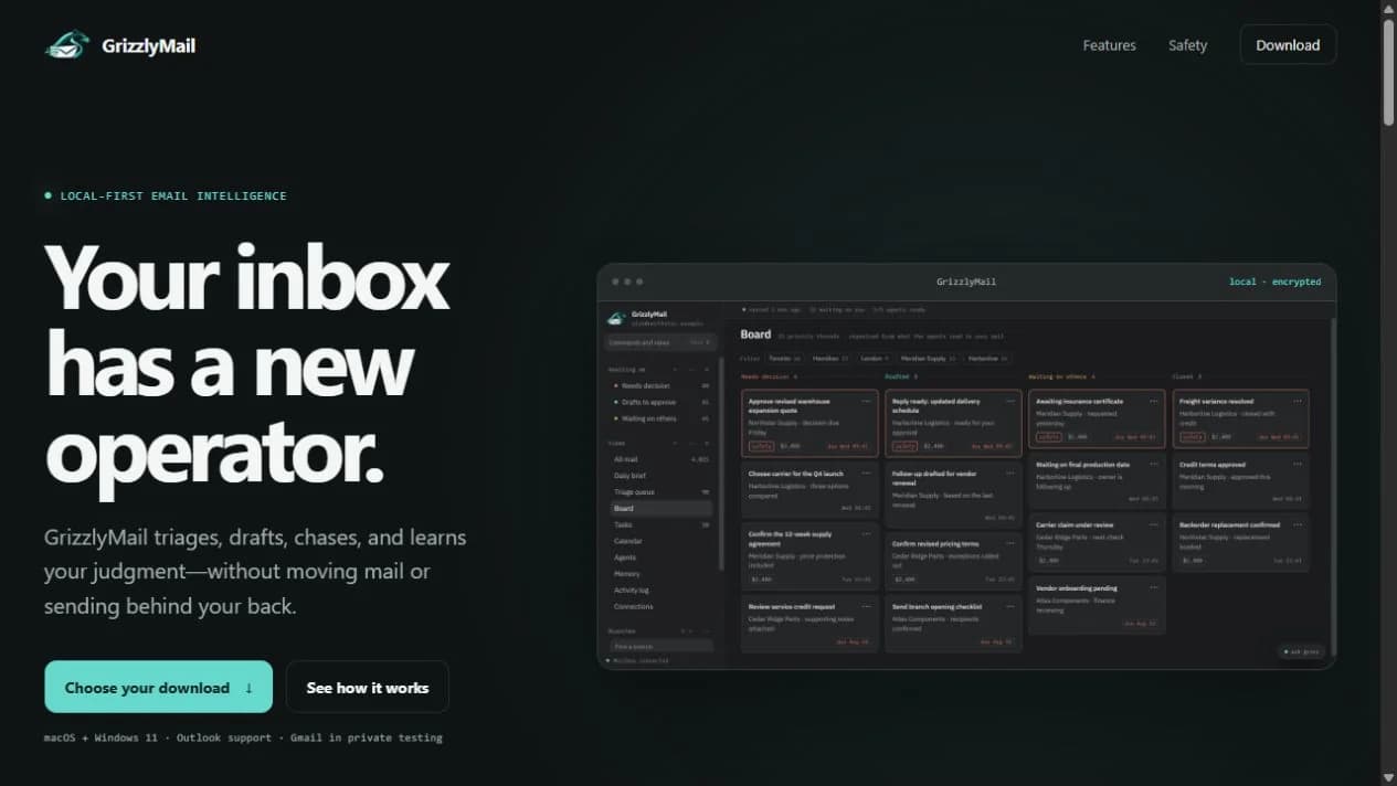 GrizzlyMail public website showing download availability and a desktop board preview.