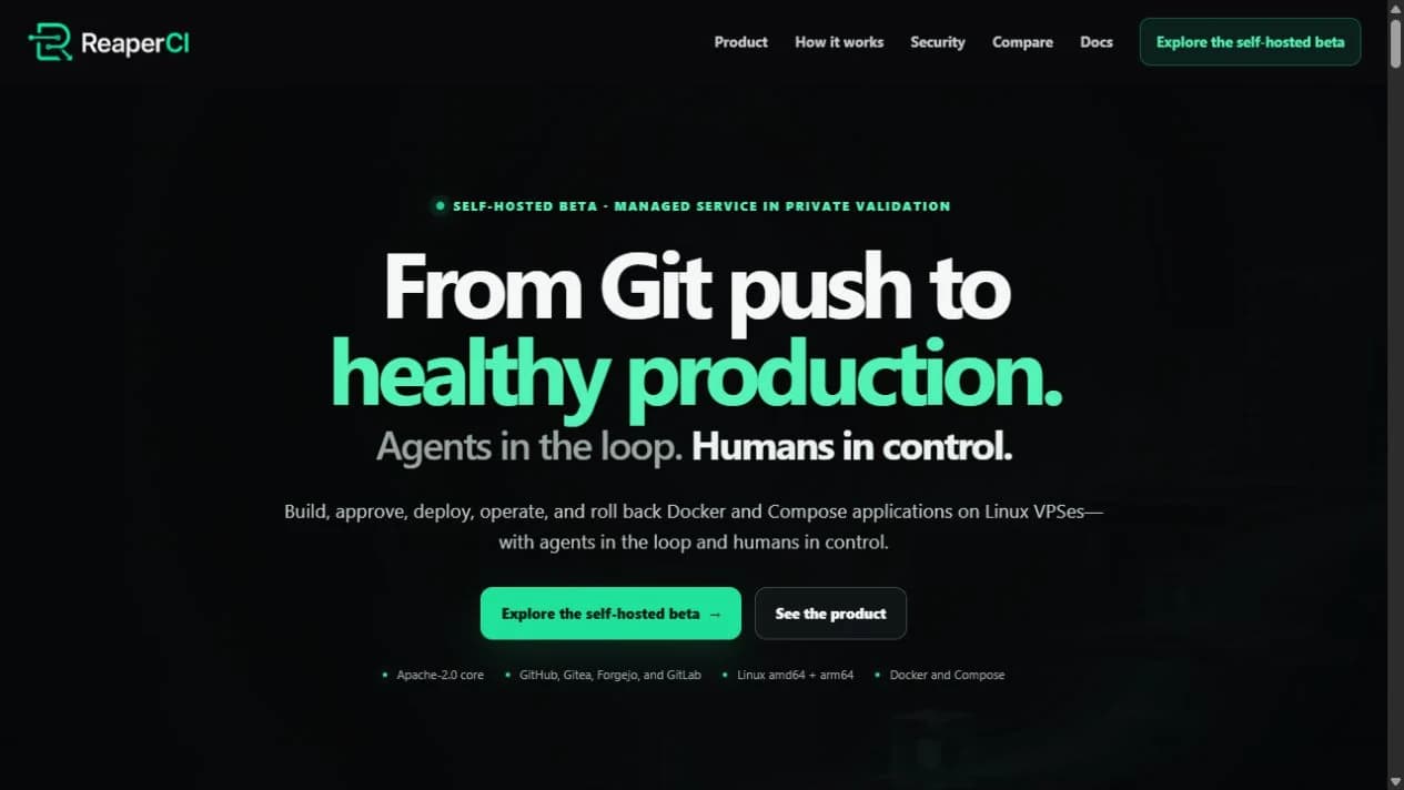 ReaperCI homepage identifying the self-hosted beta and private managed-service validation.