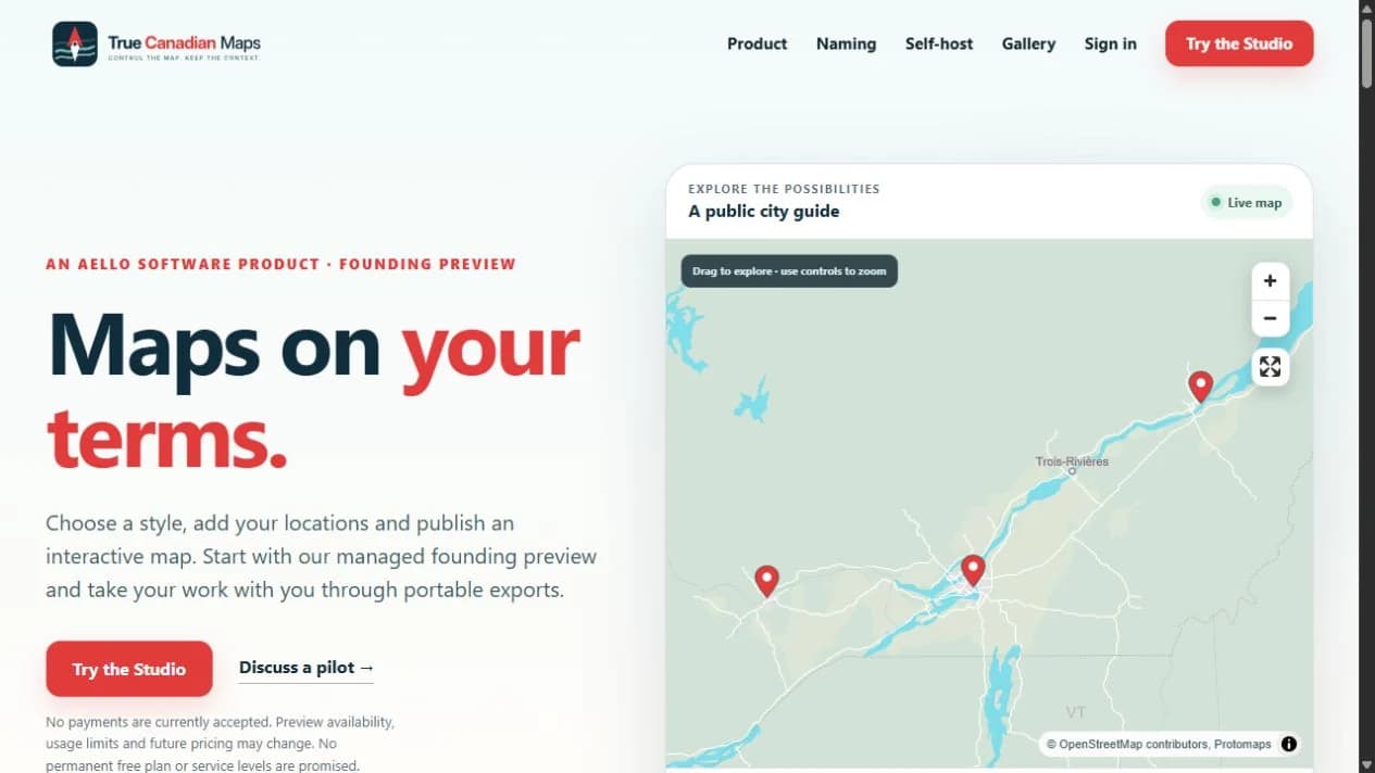 True Canadian Maps founding-preview homepage with an interactive public map of Canadian cities.