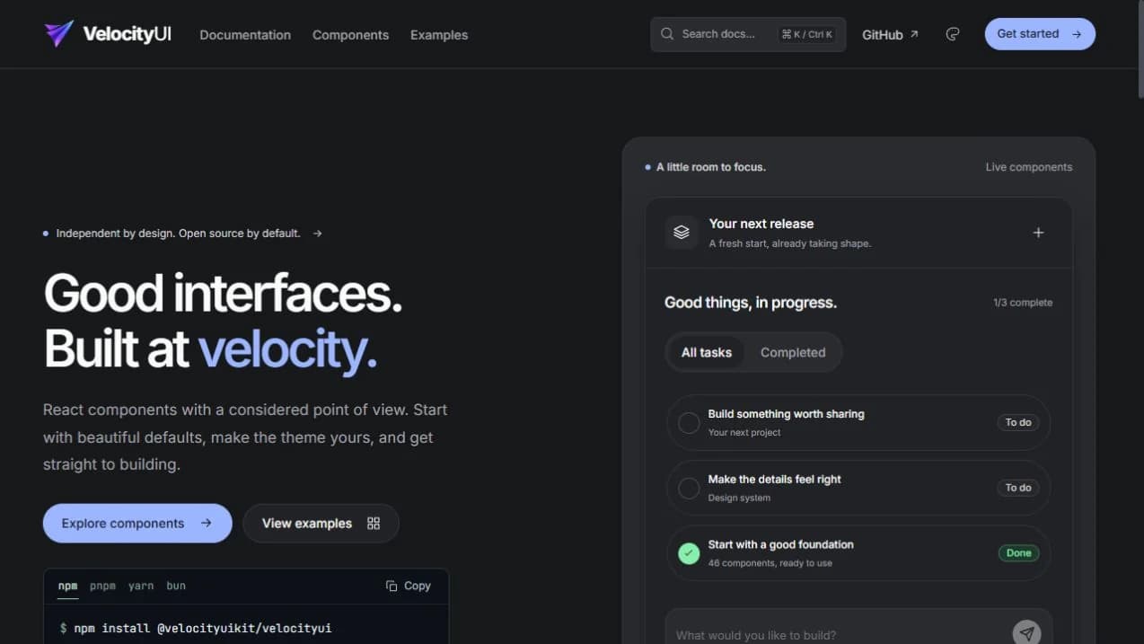 VelocityUI documentation homepage with its interactive task-list example and component installation command.